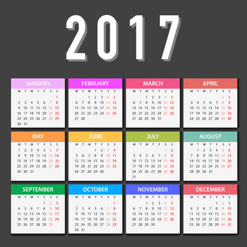 Colorful Calendar for 2017 on Grey Background. Week Start monday