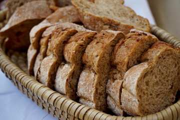 Row of pieces of sliced fresh white bread in the knitted basket