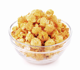 Caramel Popcorn in bowl on white background