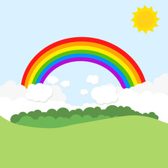Landscape with rainbow and sun. Vector illustration