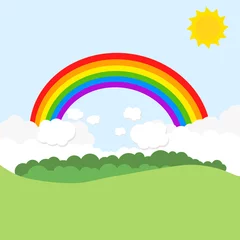 Landscape with rainbow and sun. Vector illustration