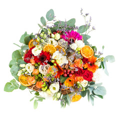 bright summer bouquet isolate on white, top view