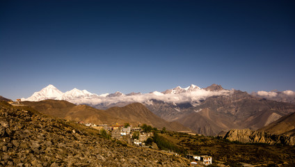 Landscape of beautiful Mountain range and clear blue sky in Nepal
