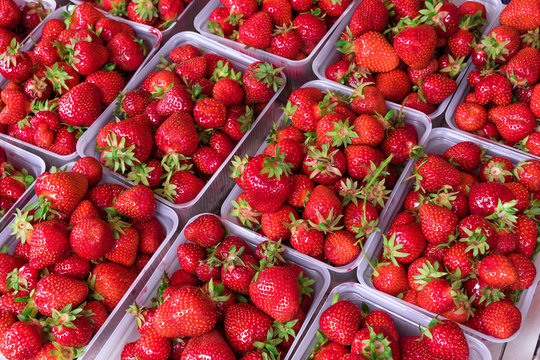 Fresh Strawberry in baskets on the market. High resolution product.