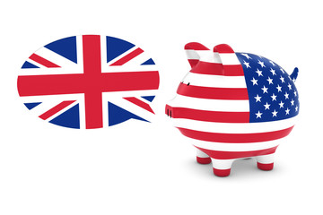 US Flag Piggy Bank with UK Flag Speech Bubble 3D Illustration