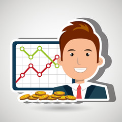 man with statistics graphic  and coins isolated icon design, vector illustration  graphic 