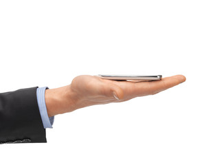 close up of man hand with smartphone