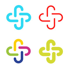 Isolated abstract colorful cross vector logo set. Outlined plus signs collection. Medical icons group.