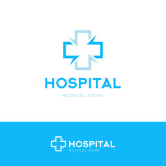 Obraz premium Isolated blue color cross vector logo. Medical symbol contour logotype. Hospital writing on the white background. First aid sign.