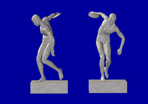 
Marmorstatue eines Diskuswerfers auf einem Sockel in zwei verschiedenen Positionen.