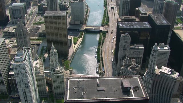 Looking down at the Chicago River among skyscrapers. Shot in 2003.