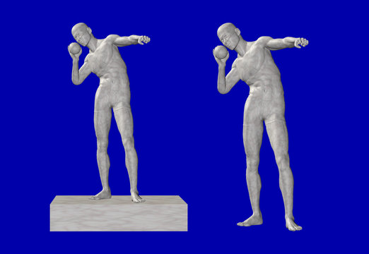 Marmorstatue eines Kugelsto&szlig;ers einmal auf einem Sockel und einmal ohne.
