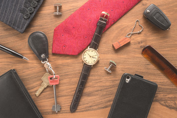  Men accessories on wooden background 