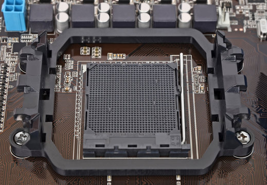Printed computer motherboard, CPU socket, close up