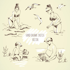 People bathe in the sea, relaxing on the beach. Hand drawn vector sketch.