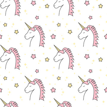 Fototapeta cute cartoon unicorn seamless vector pattern background illustration with stars