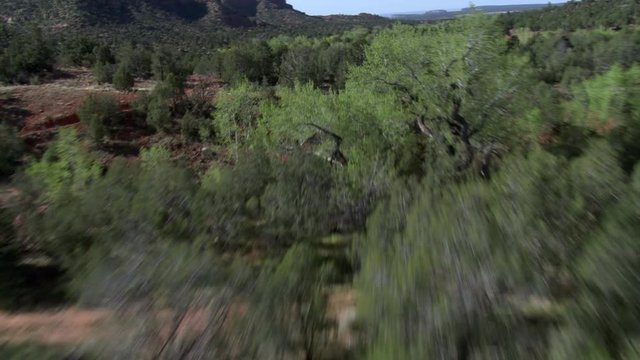 Fast, tilted flight skimming wide canyon