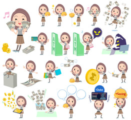 Set of various poses of Long hair border T shirt woman money