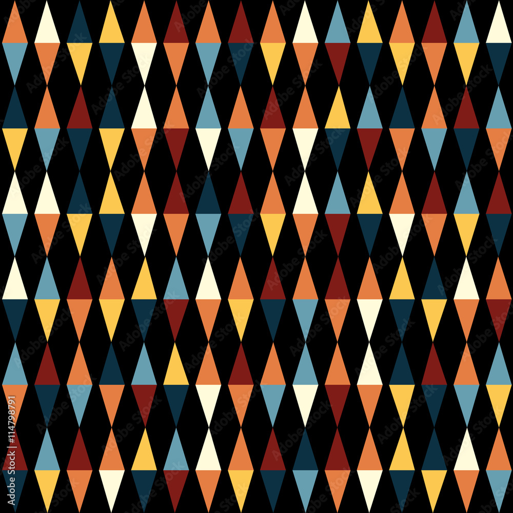 Poster retro geometric seamless pattern with triangles on black
