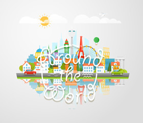 Dirrefent world famous sights. Around the world concept. Modern