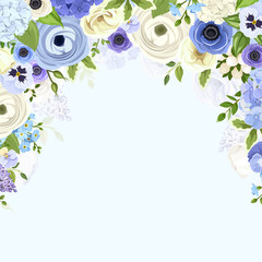 Vector background with various blue and white flowers and green leaves.