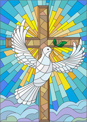Naklejki  Ilustracja z krzyżem i gołębiem w stylu witrażowym