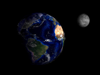 planet Earth and Moon from space on a black background 3d
