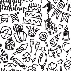 Happy birthday lettering and doodle seamless pattern