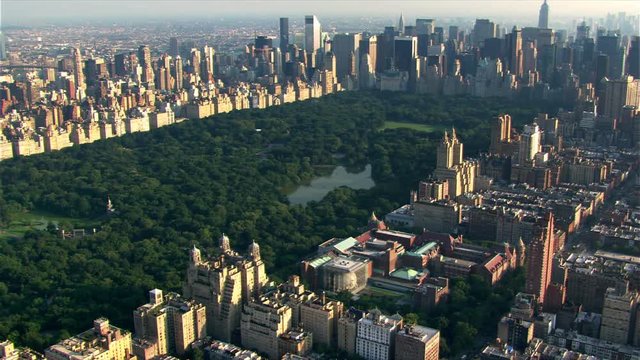 Flying over Central Park toward Manhattan skyline. Shot in 2003.