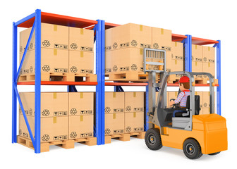 3D Worker driving a forklift  in the warehouse