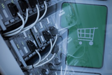 Composite image of green trolley button on keyboard