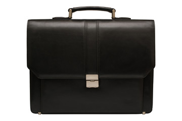 Black leather briefcase. Isolated, white background.