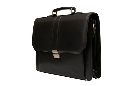 Black leather briefcase. Isolated, white background.