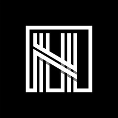 N capital letter made of of three white stripes enclosed in a square. . Overlapping with shadows monogram, logo, emblem. Trendy design.