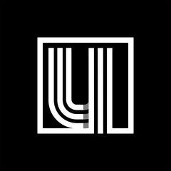 U capital letter made of of three white stripes enclosed in a square. . Overlapping with shadows monogram, logo, emblem. Trendy design.