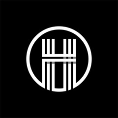 H capital letter made of of three white stripes enclosed in a circle . Overlapping with shadows monogram, logo, emblem. Trendy design.