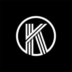 K capital letter made of of three white stripes enclosed in a circle . Overlapping with shadows monogram, logo, emblem. Trendy design.