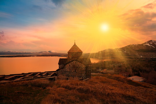 Armenia. Monastery Sevanavank. Sunset rays
