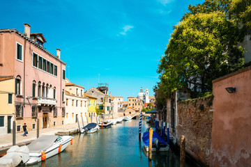 Beautiful view of water street and old buildings in Venice, ITAL