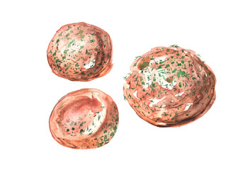 Illustration painted in watercolor. Set - Bread, rolls, dill, parsley. Isolated on white background