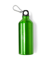 A reusable green metal water bottle isolated on a white background