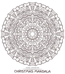 Vector mandala for coloring with christmas decorative elements.