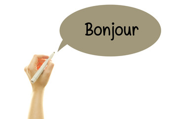 Woman hand writing French Bonjour (hello) word with a marker isolated on white.