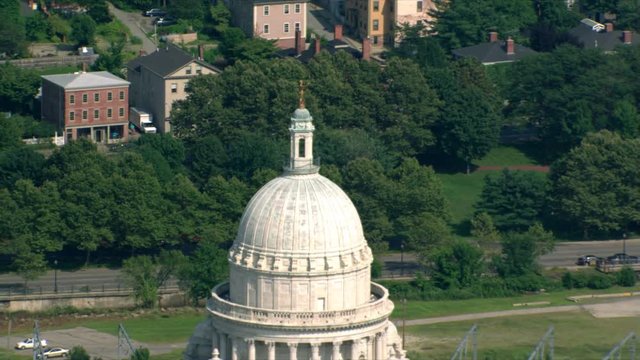 Close flight past Rhode Island Capitol to wide view of Providence. Shot in 2003.