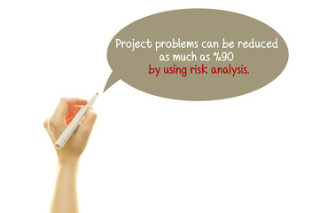 Woman hand writing Project problems can be reduced as much as %90 by using risk analysis with a marker isolated on white.