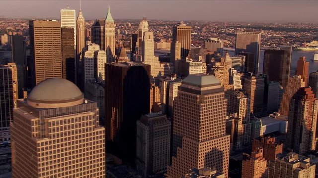 Flying over Manhattan's financial district in afternoon sunshine. Shot in 2006.