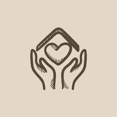 Hands holding roof of house and heart sketch icon.
