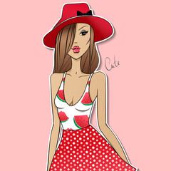 Fashion illustration.Vector girl.Sketch model. Beauty face