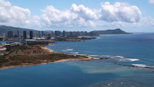Flying past Honolulu with Diamond Head in distance. Shot in 2010.