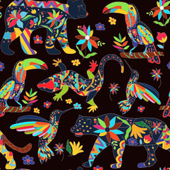 Seamless pattern with isolated Mexican animals and flowers. Vect